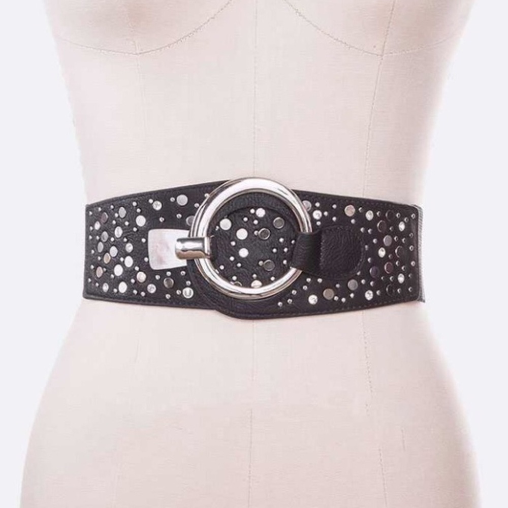 Black Vegan Leather Studded Elastic Accent Statement Belt